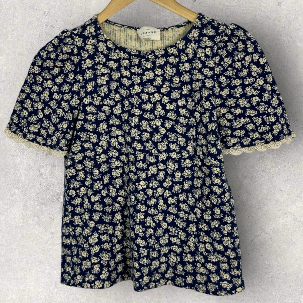 Sezane Clea Shirt Floral Crinkle Size Small French Top Blouse Romantic Lace Trim - Picture 4 of 16